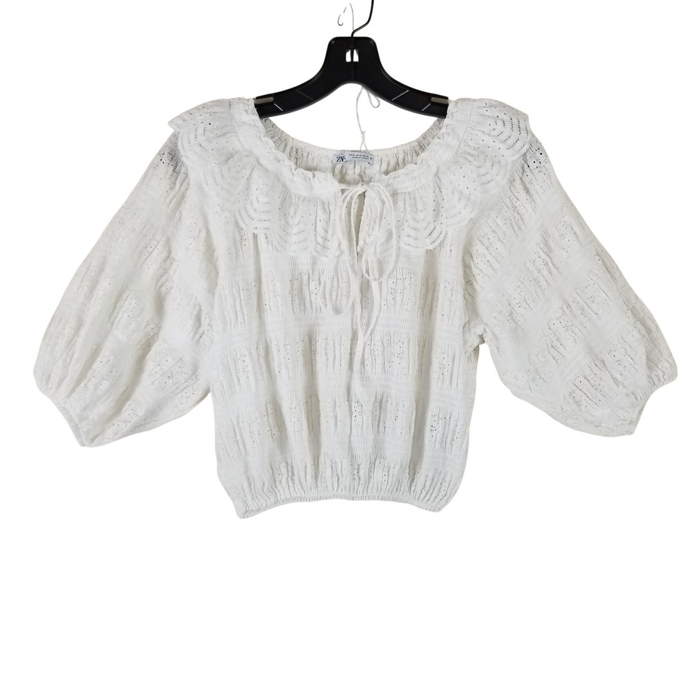 Zara Blouse Women Small White Eyelet Smocked Ruffle Neck Puff Sleeve Peasant Top